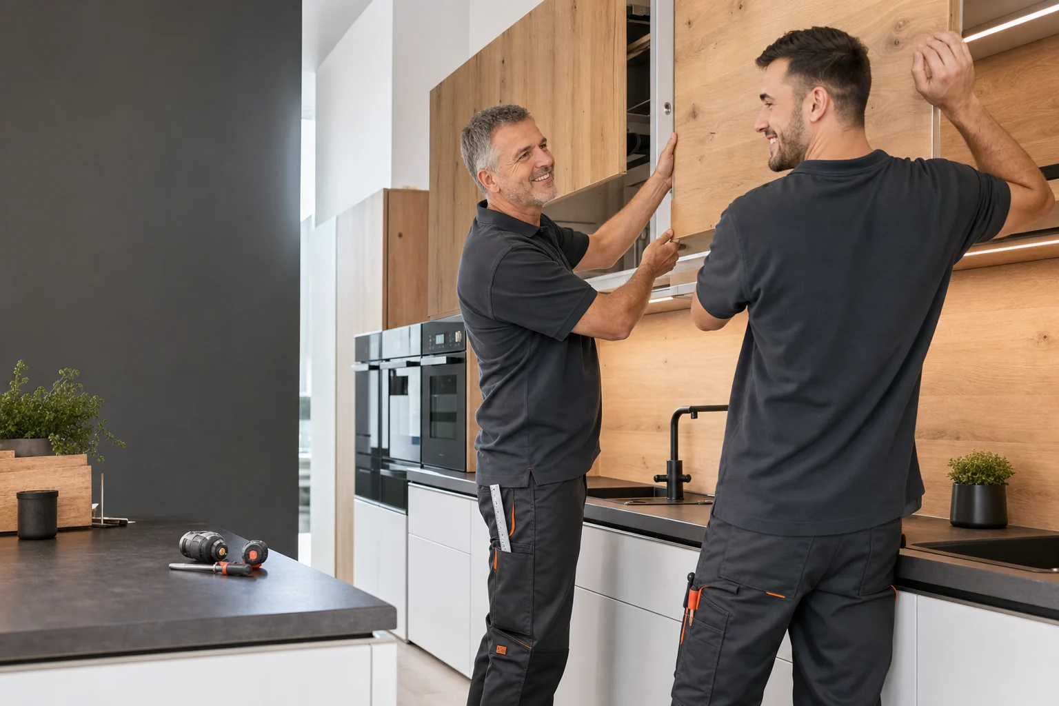 Zwei gut gelaunte Küchenmonteure bei der gemeinsamen Montage